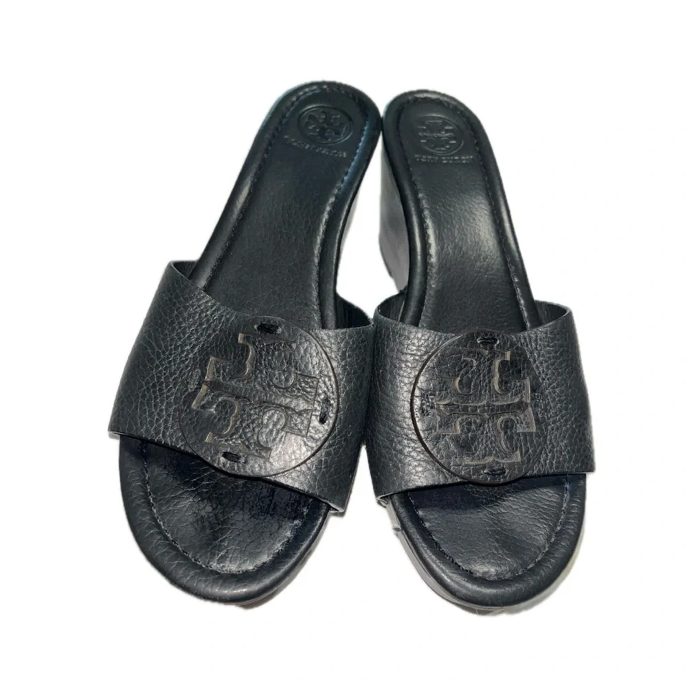 TORY BURCH Leather Slides, Black Size:9M